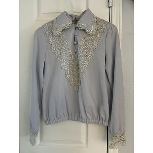 Butte Knit Blouse Women's Small Grey Lace Bib Victorian Back Zip Mod Prairie Vtg
